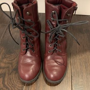 burgundy lace up block heel combat boots